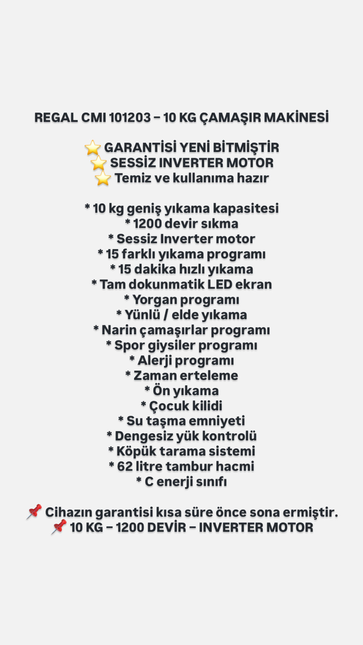 REGAL 10 KG 1200 DEVİR ÇAMAŞIR MAKİNASI 